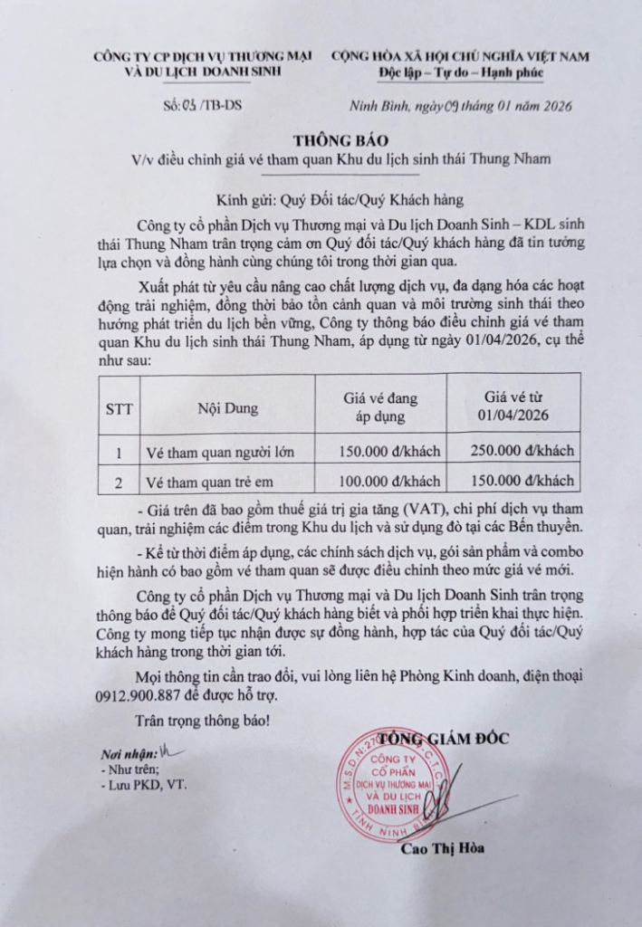 Thông báo điều chỉnh giá vé